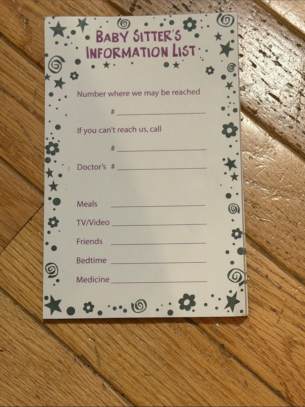 Baby Sitter's Information List Notepad - Purple & Gray